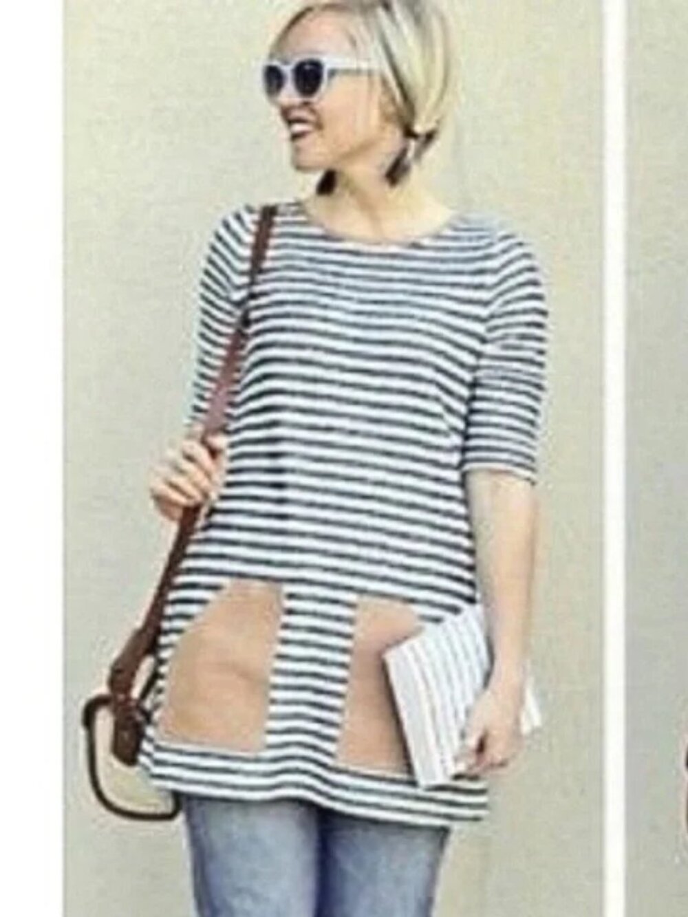 Anthropologie Postmark Saphony Blue White Striped Brown Leather Tunic Size XL